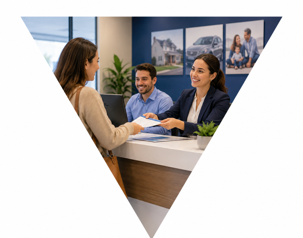 Profesional atendiendo a una clienta en un mostrador de oficina con ambiente corporativo y atención personalizada.