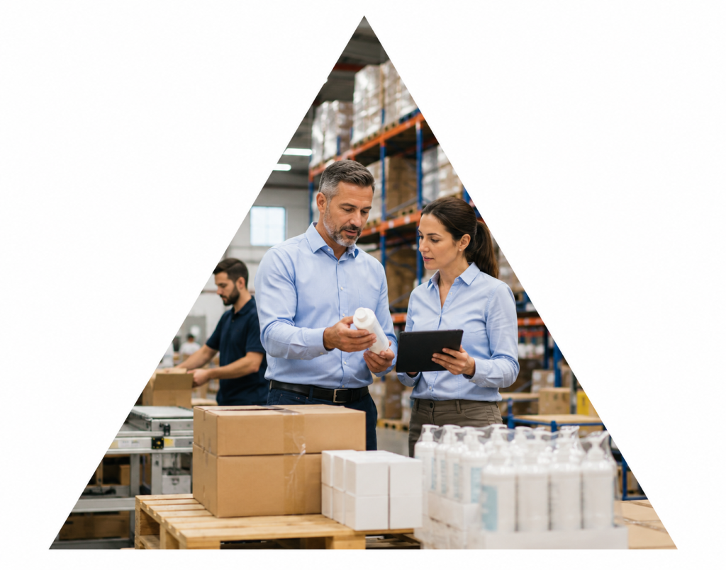 Profesionales revisando productos y controlando mercancía en un almacén con cajas y estanterías logísticas.
