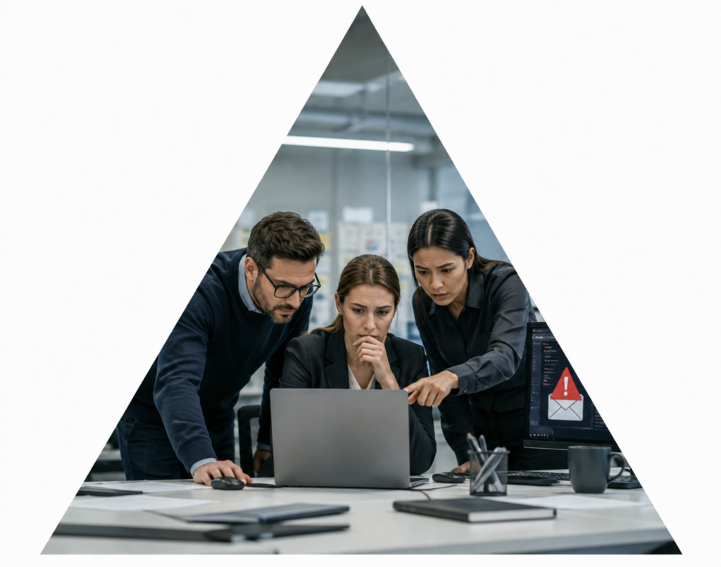 Profesionales revisando un posible intento de phishing e ingeniería social en un entorno de oficina.